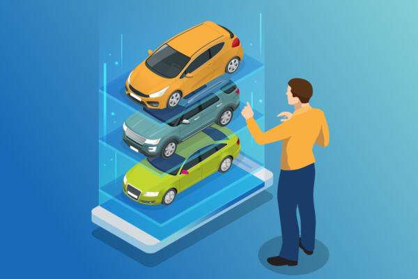 Fiatal férfi okostelefonról böngészi a lízingelhető autómodelleket egy digitális 3D platformon – autólízing online választás modern illusztrációban.
