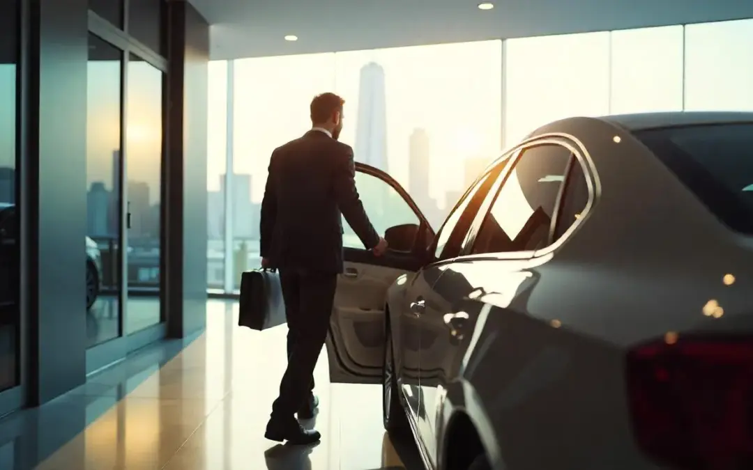 Üzletember elegáns öltönyben autóba száll egy modern irodaház parkolójában naplementekor – céges autóbérlés vizuális megjelenítése.